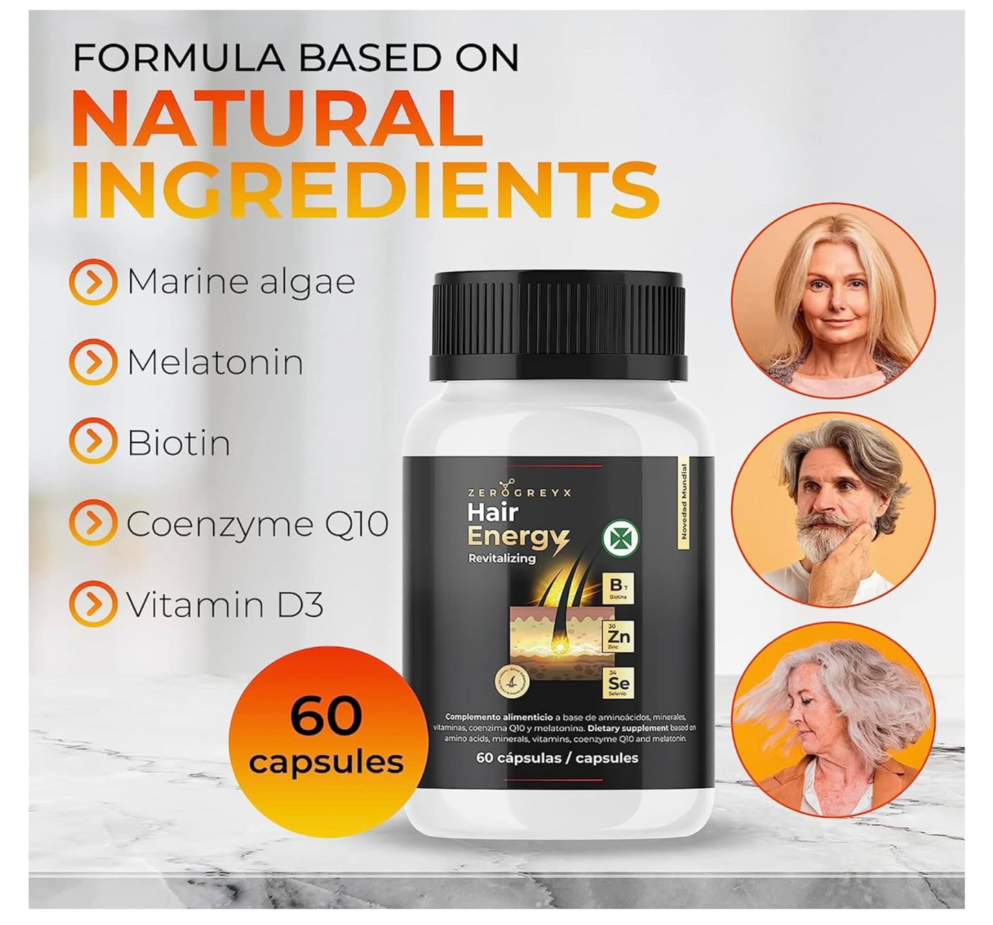 Vitaminas cabello. Reparador cabello. Para trasplante capilar. Alta dosis de Zinc y Vitamina B. HAIR ENERGY, complejo vitamínico generador energía capilar. 60 cápsulas.