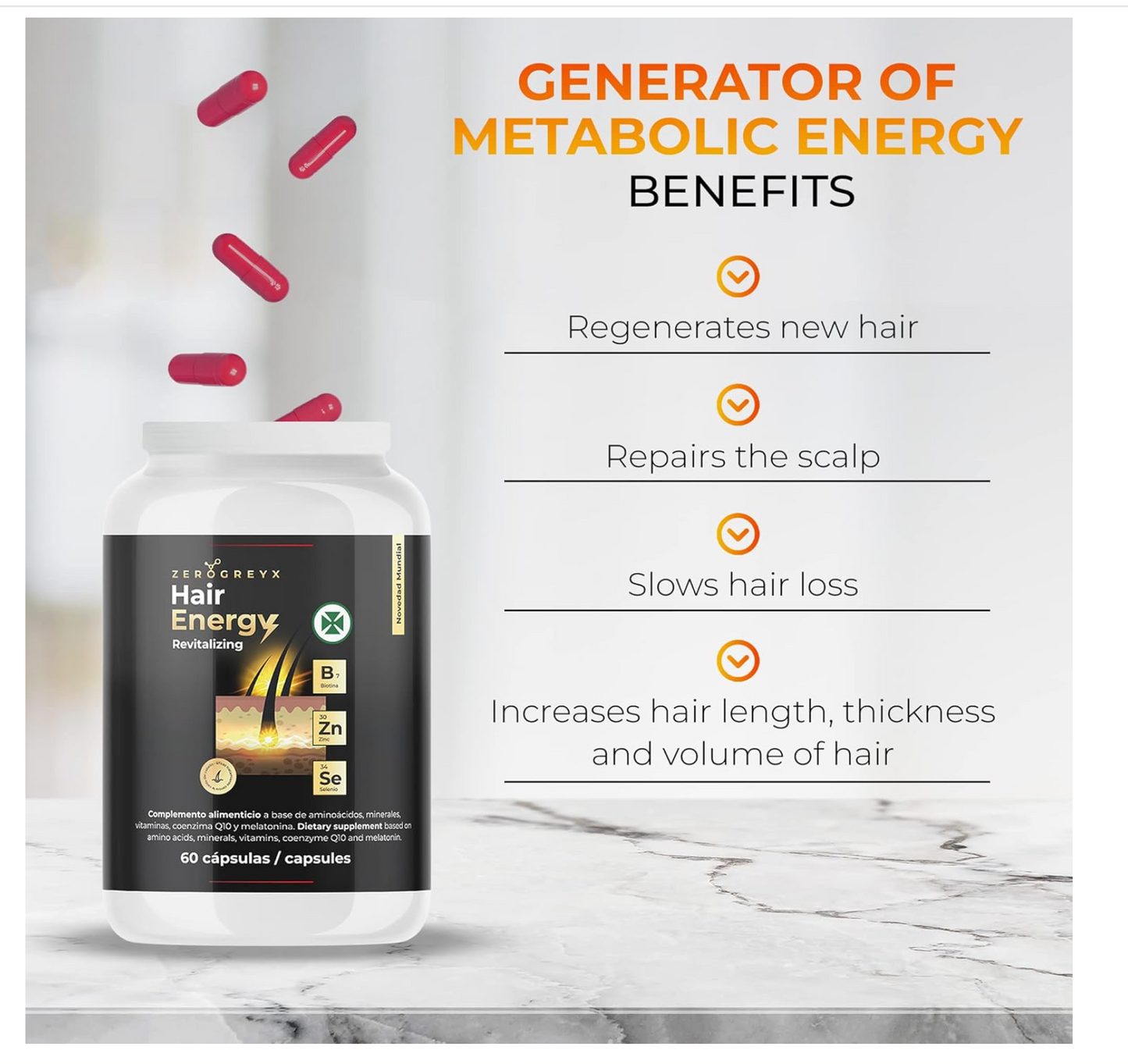 Vitaminas cabello. Reparador cabello. Para trasplante capilar. Alta dosis de Zinc y Vitamina B. HAIR ENERGY, complejo vitamínico generador energía capilar. 60 cápsulas.