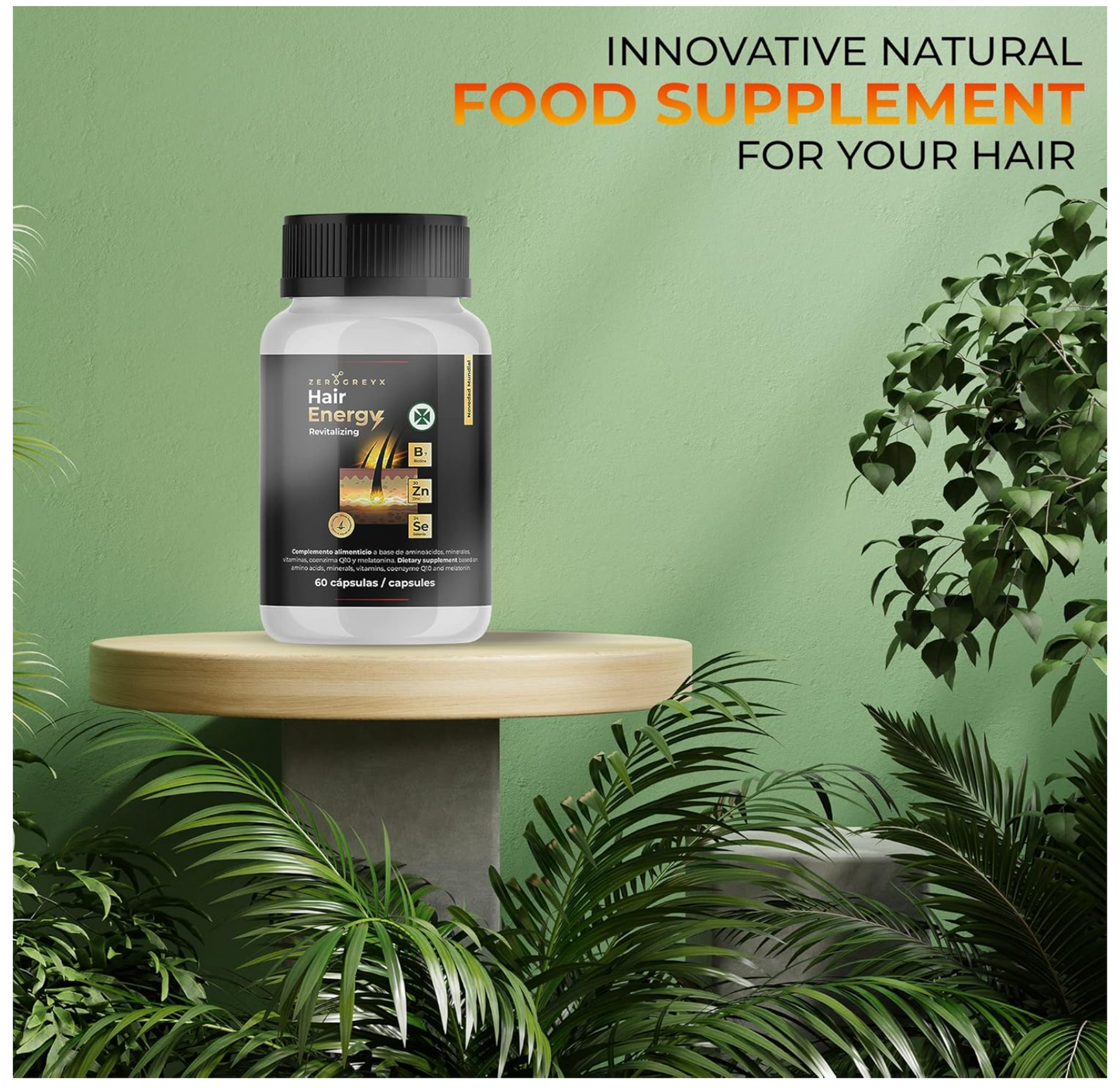 Vitaminas cabello. Reparador cabello. Para trasplante capilar. Alta dosis de Zinc y Vitamina B. HAIR ENERGY, complejo vitamínico generador energía capilar. 60 cápsulas.
