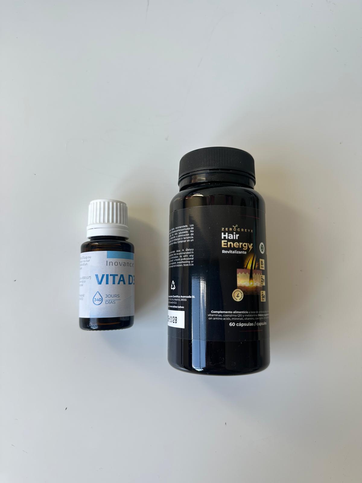 Vitaminas cabello. Reparador cabello. Para trasplante capilar. PACK HAIR ENERGY+ VITA D3+. Complejo vitamínico generador energía capilar. 60 cápsulas. Tratamiento cabello.