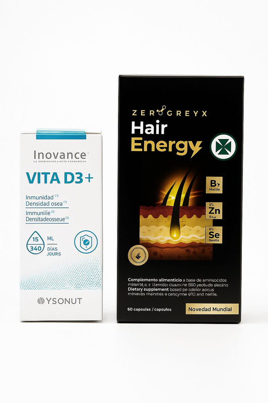 Vitaminas cabello. Reparador cabello. Para trasplante capilar. PACK HAIR ENERGY+ VITA D3+. Complejo vitamínico generador energía capilar. 60 cápsulas. Tratamiento cabello.